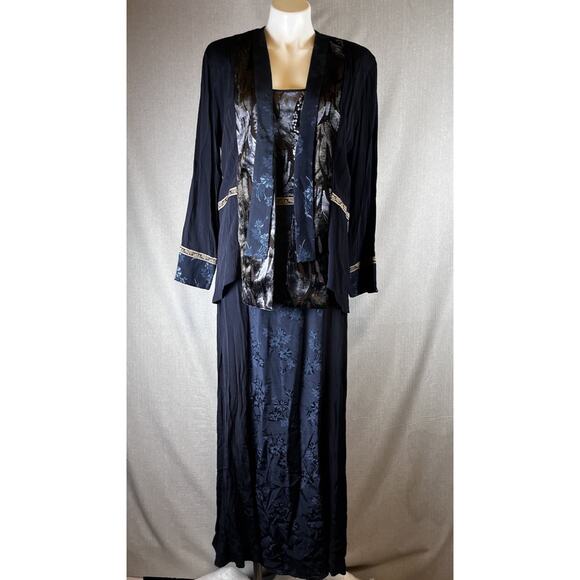 VTG Spencer Alexis Maxi Dress 2 Pc Set Kimono Topper Women 10 Velvet Dark Blue - Picture 1 of 16